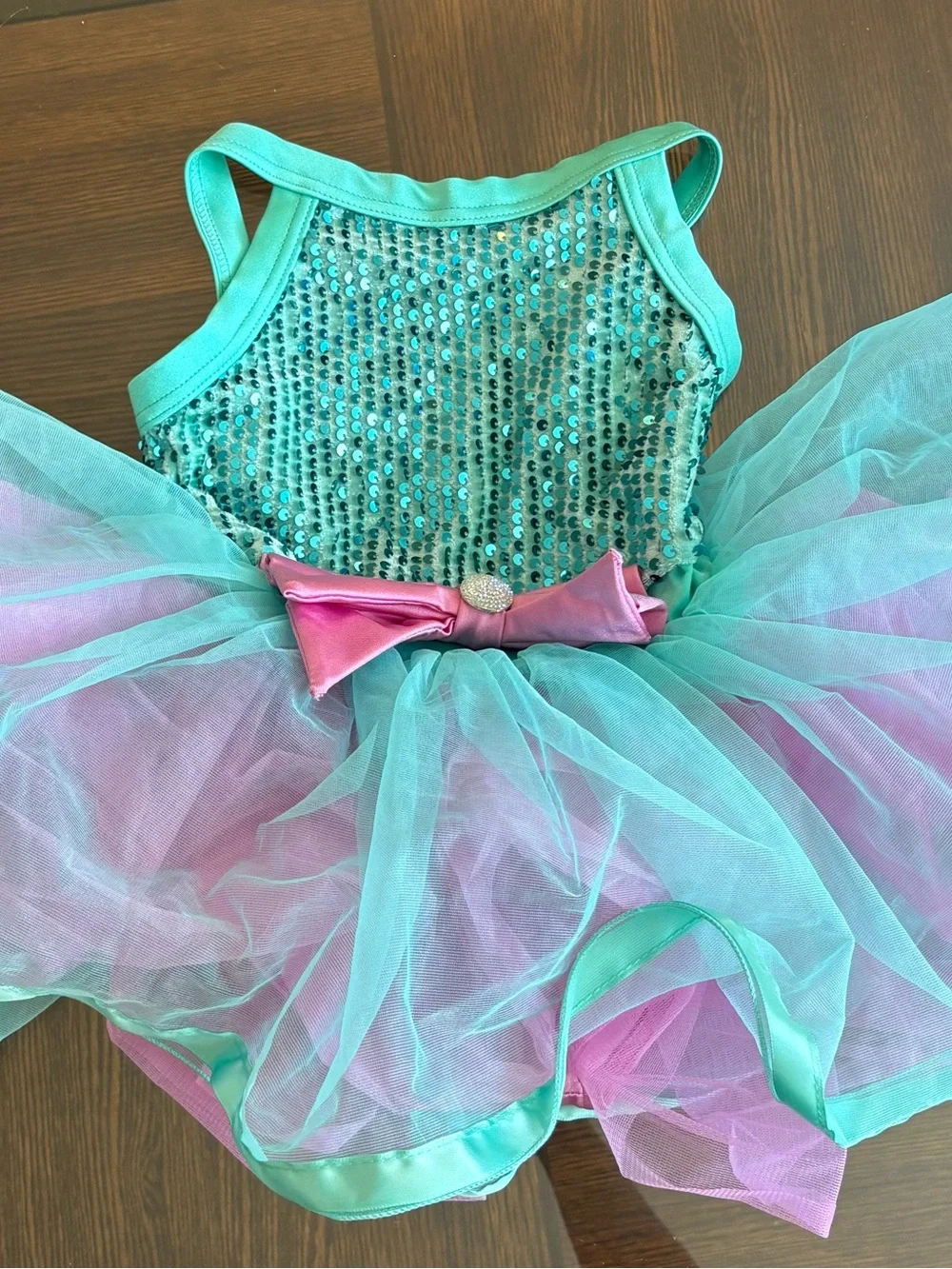 Weissman Teal Sequin Tulle Tutu with Pink Bow size XSC